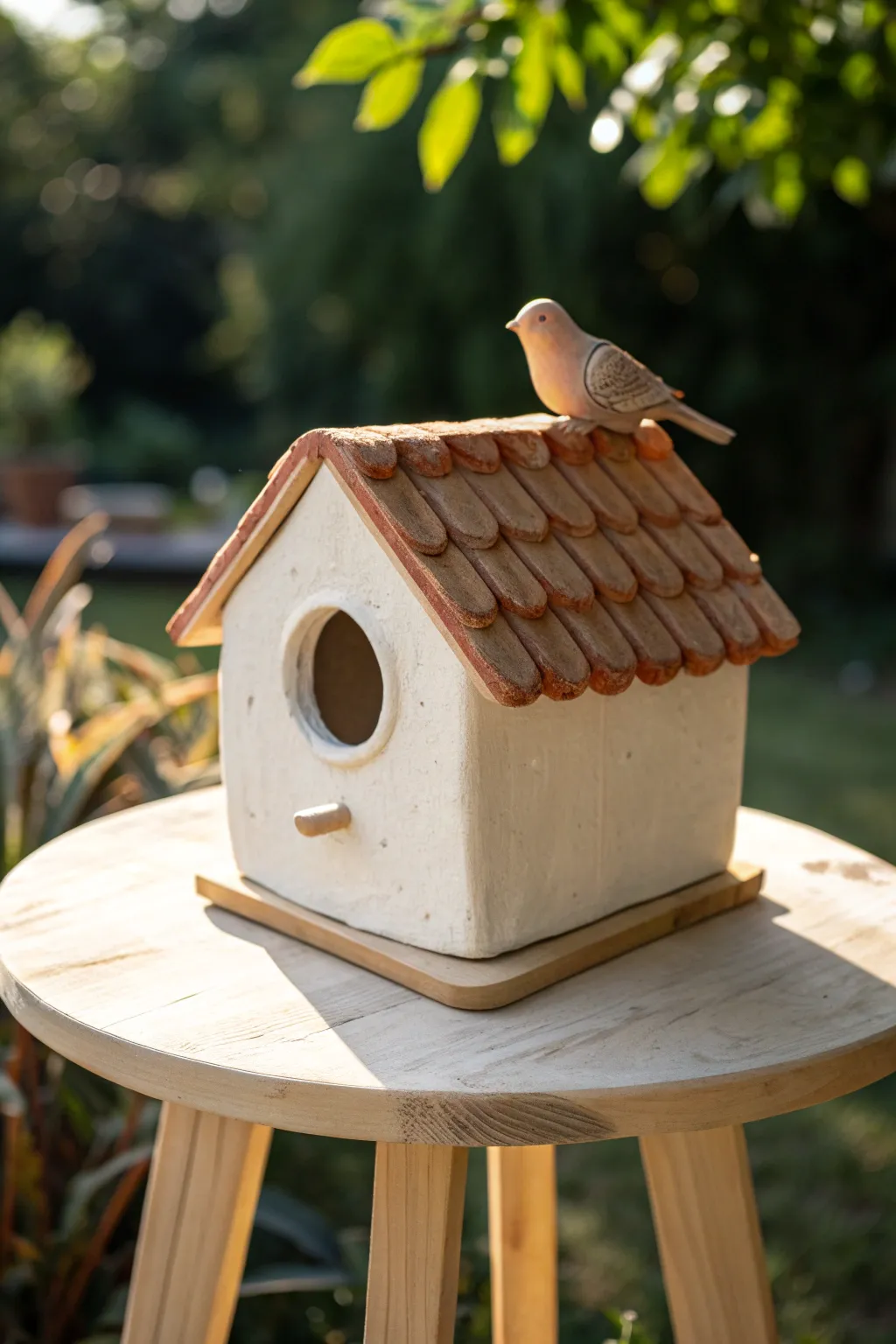 Mini clay birdhouse with a perched bird detail, styled in soft morning light for calm garden charm.