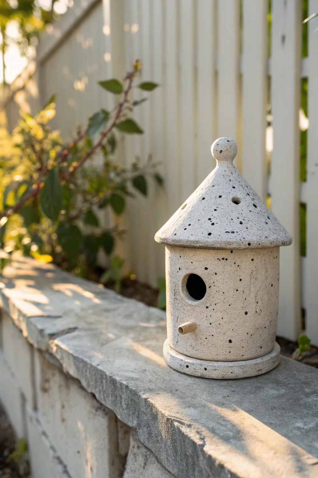 Speckled matte clay birdhouse with rustic charm, minimalist lines, ready for your garden.
