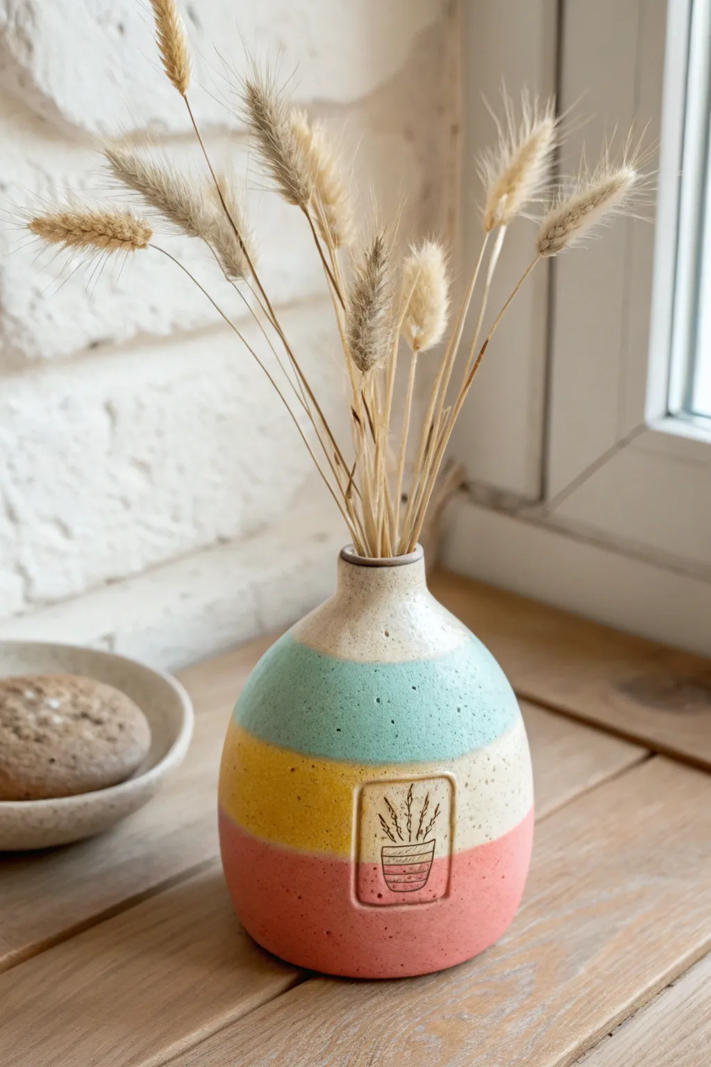 Cheerful mini vase with dried stems, a sweet handmade clay birthday bouquet gift idea.