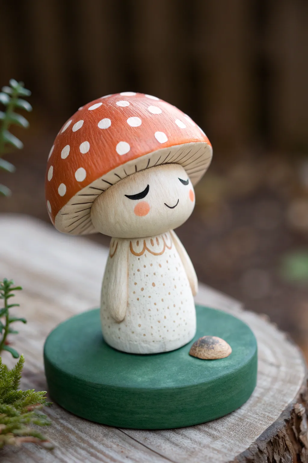 Mushroom cap sprite clay bobblehead with cozy forest tones and minimalist charm