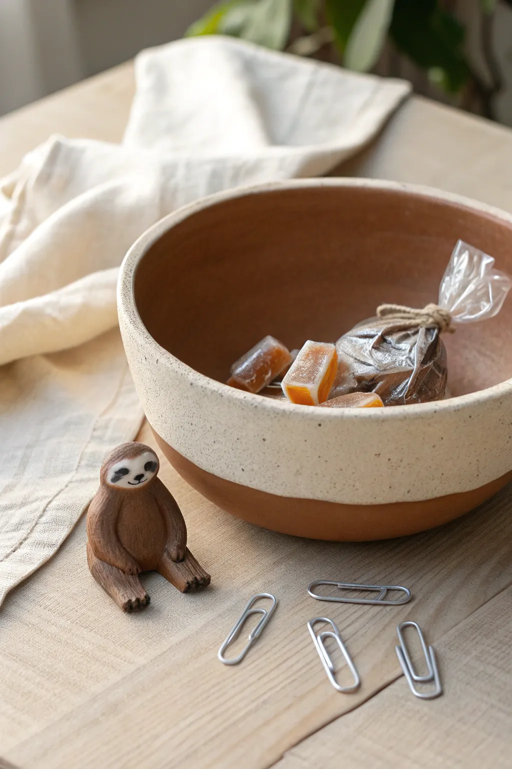 Cozy sloth bowl hugging the rim in warm clay tones, styled simply for a calm, playful look.