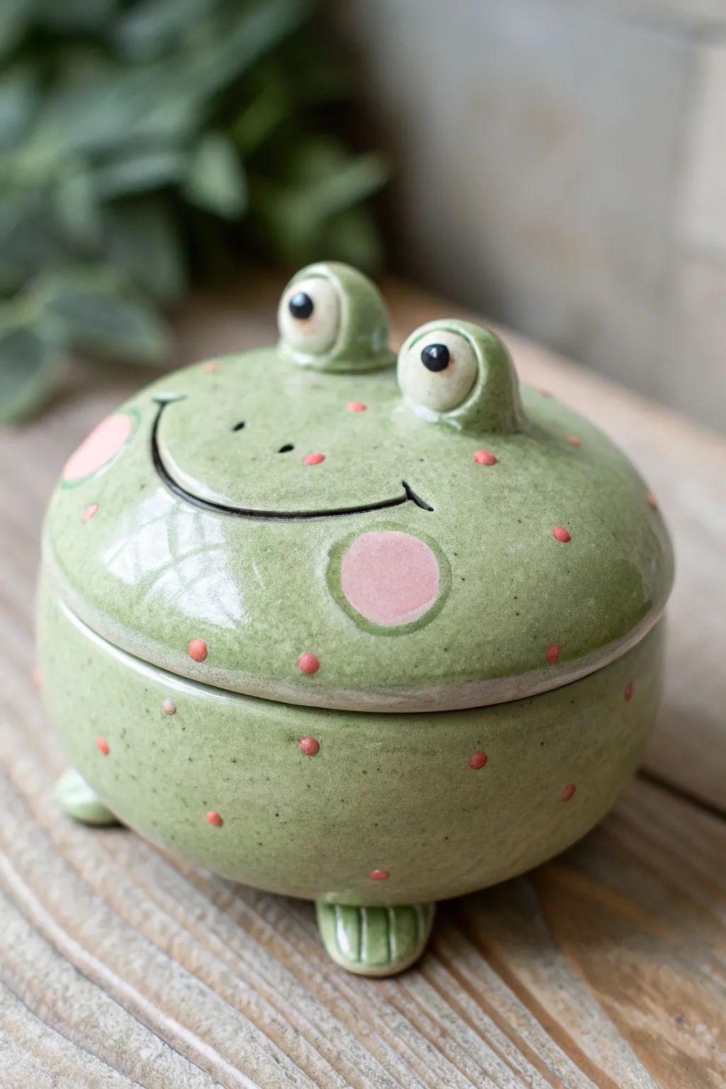 Sweet frog character clay box with tiny feet, raised eyes, and a smiling lid in fresh green