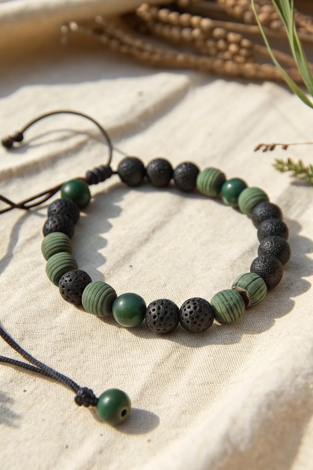 Dark stamped clay bead bracelet for boys with subtle textures and a clean Nordic vibe