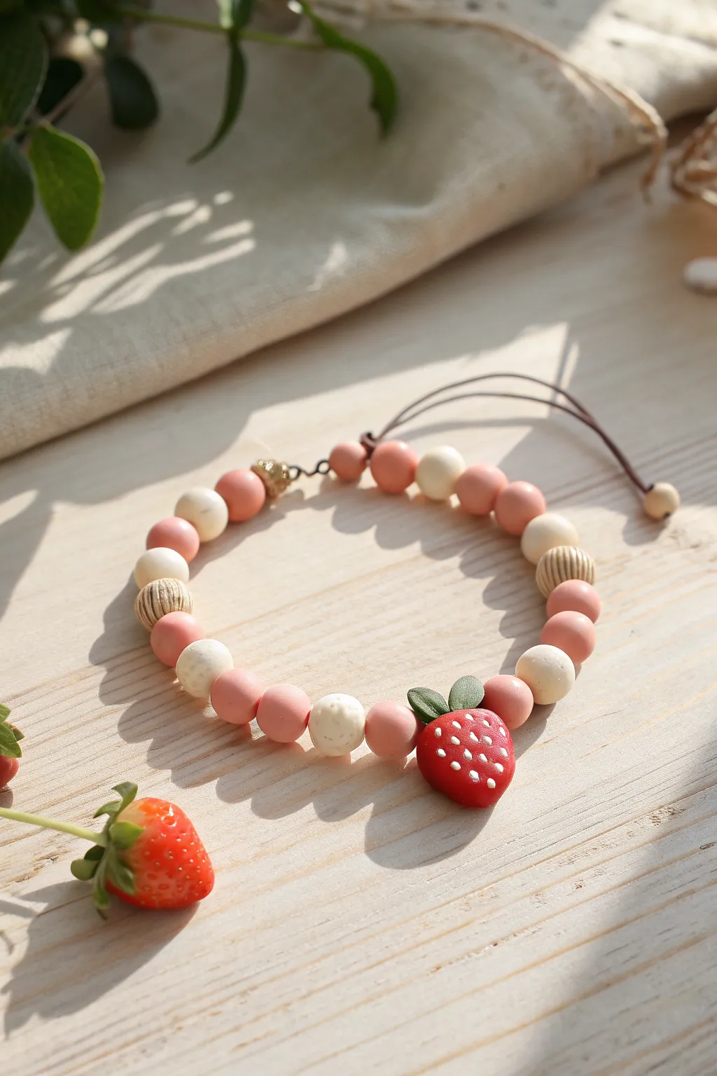 Sweet strawberry charm bracelet in soft clay tones, a sunny minimalist accessory for girls