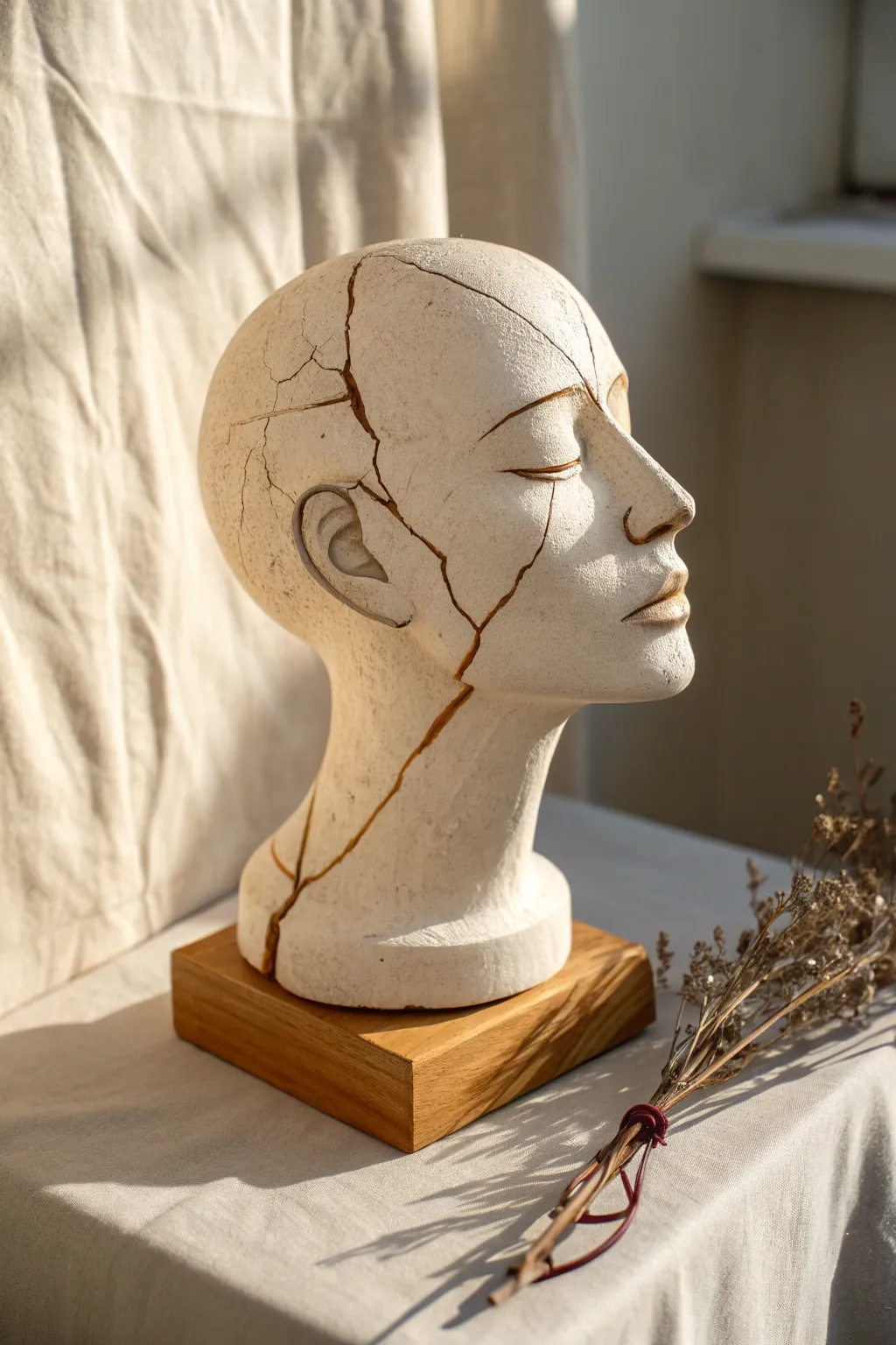 Minimalist clay bust with bold highlighted cracks, Scandinavian calm with a boho touch