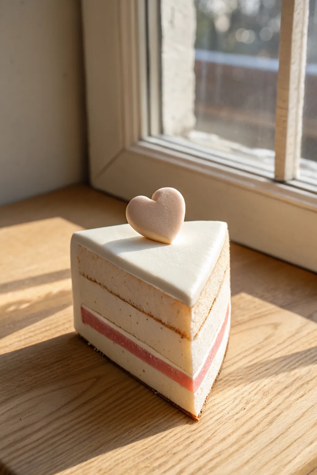 Smooth fondant-style clay cake slice with crisp edges and a tiny heart topper on a clean backdrop