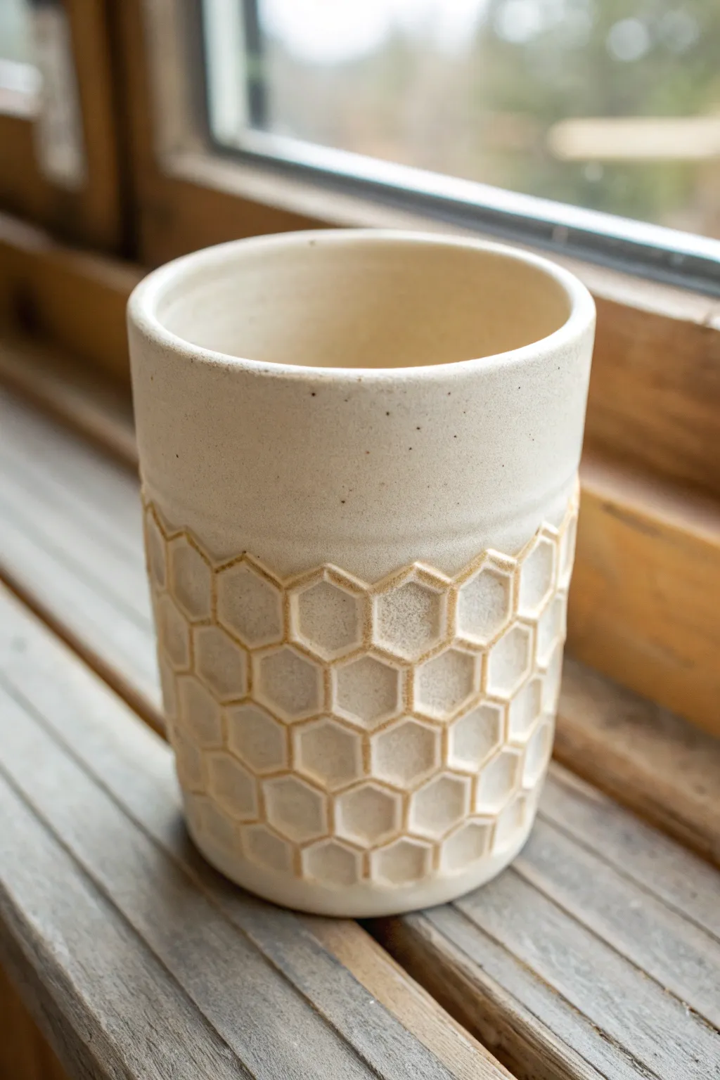 Bold honeycomb lattice carving adds texture and contrast to a simple handmade ceramic cup