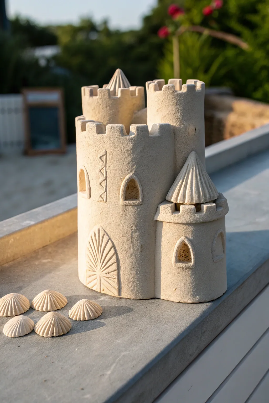 Sandcastle-inspired clay castle in warm sandy tones, sunlit and minimalist for beachy decor.