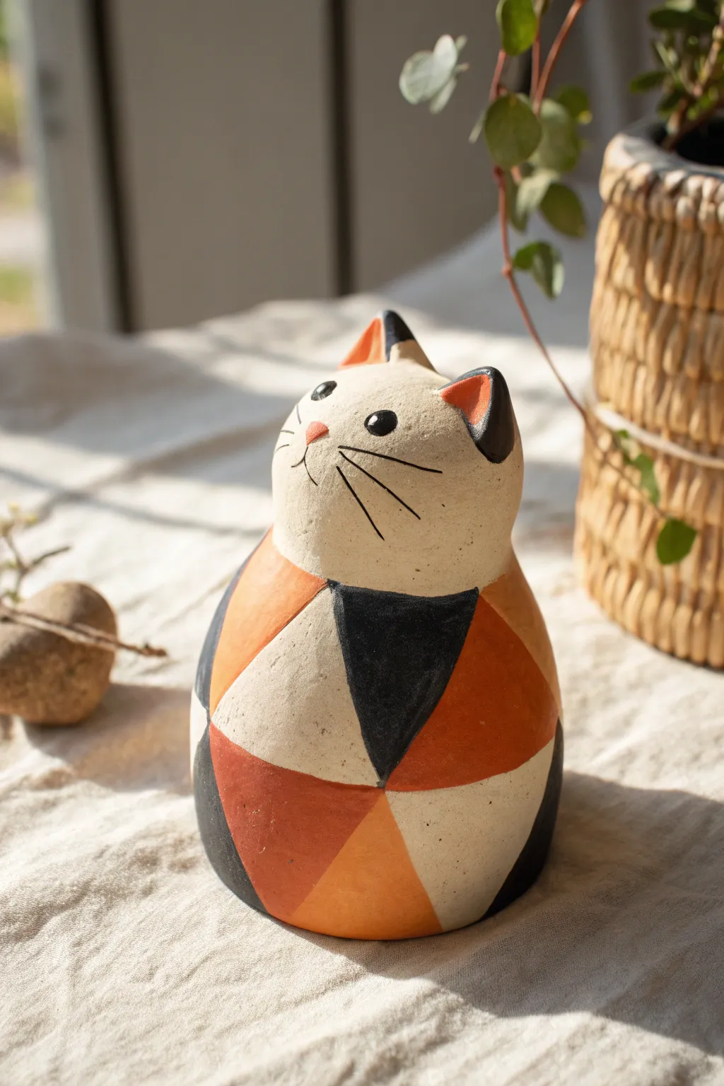 Calico patchwork clay kitty with bold simple color blocks, minimalist and charming