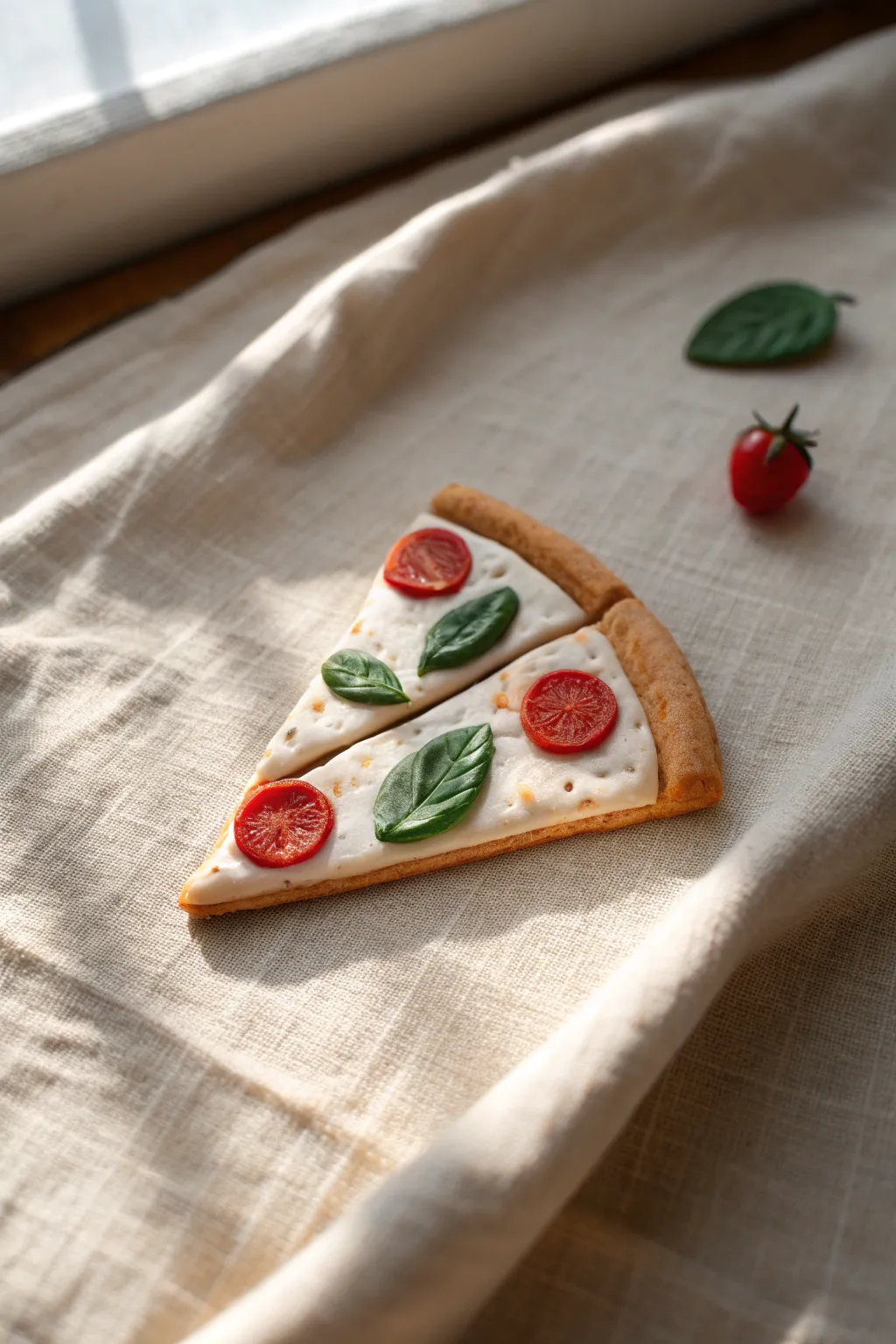 Handmade clay pizza slice magnet with toasted crust and melty cheese in calm minimalist styling