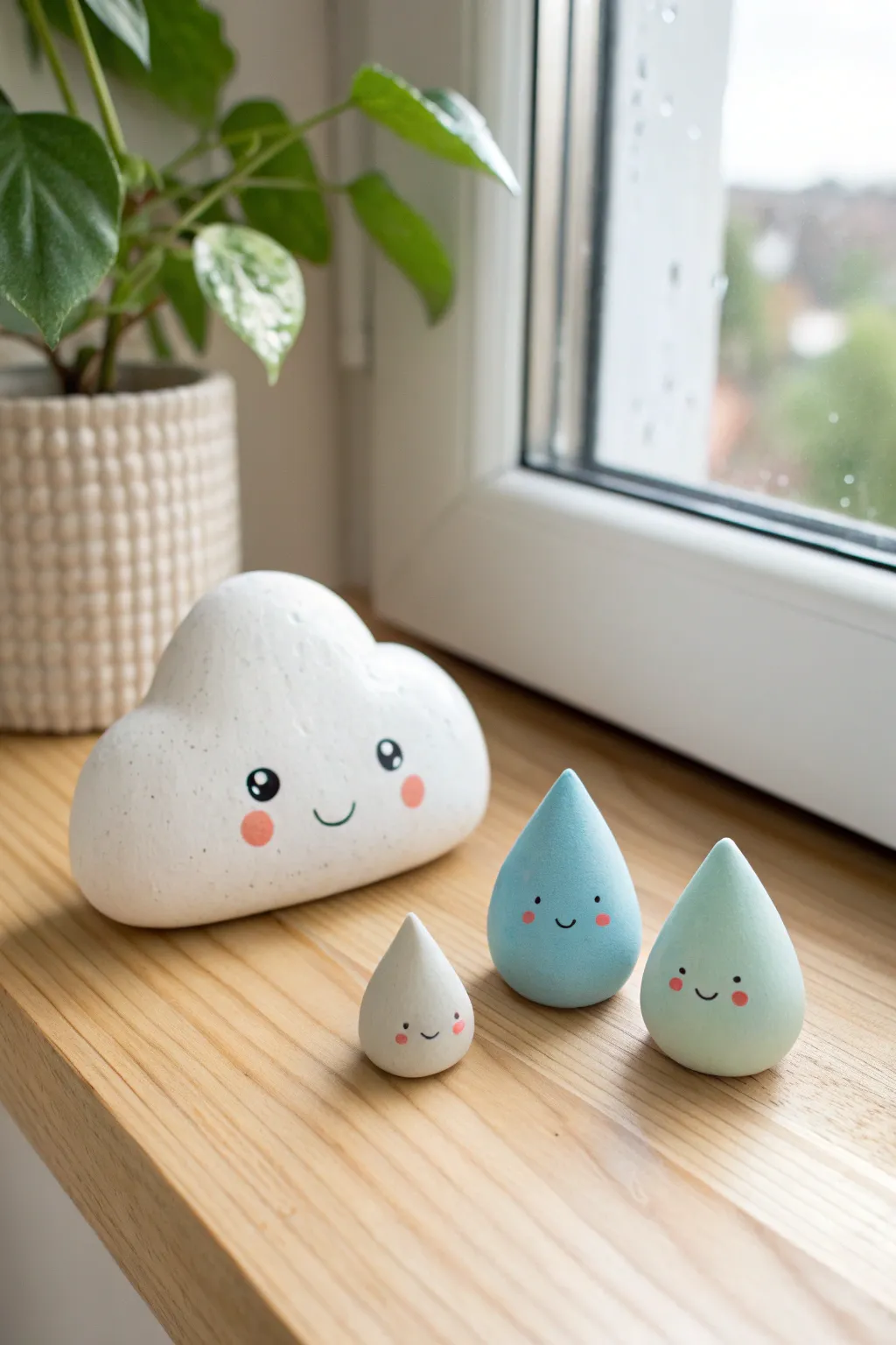 Sweet cloud and raindrop clay characters in soft blues, minimalist boho charm for your shelf.