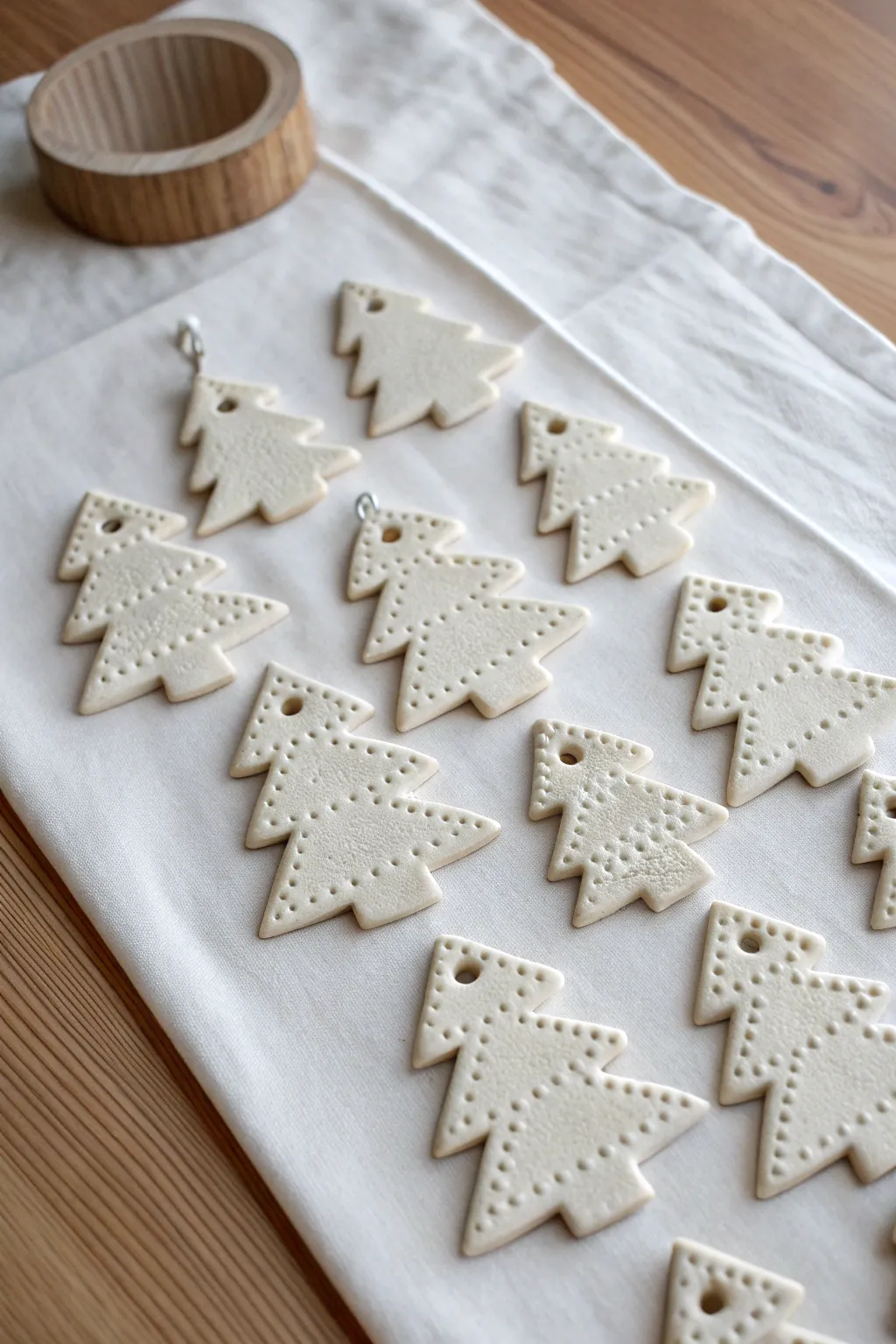 Stamped clay Christmas tree tiles in a calm Scandinavian flat-lay, simple textures and cozy contrast.