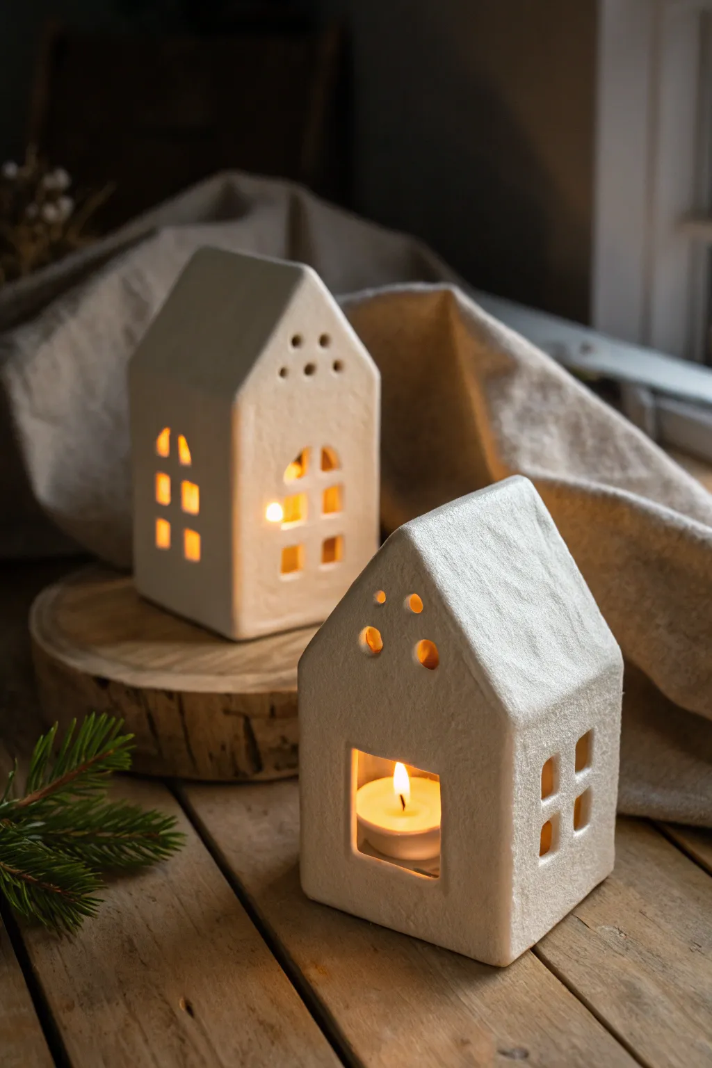 Mini clay house tea light holders with glowing windows for a cozy, minimalist boho vibe.