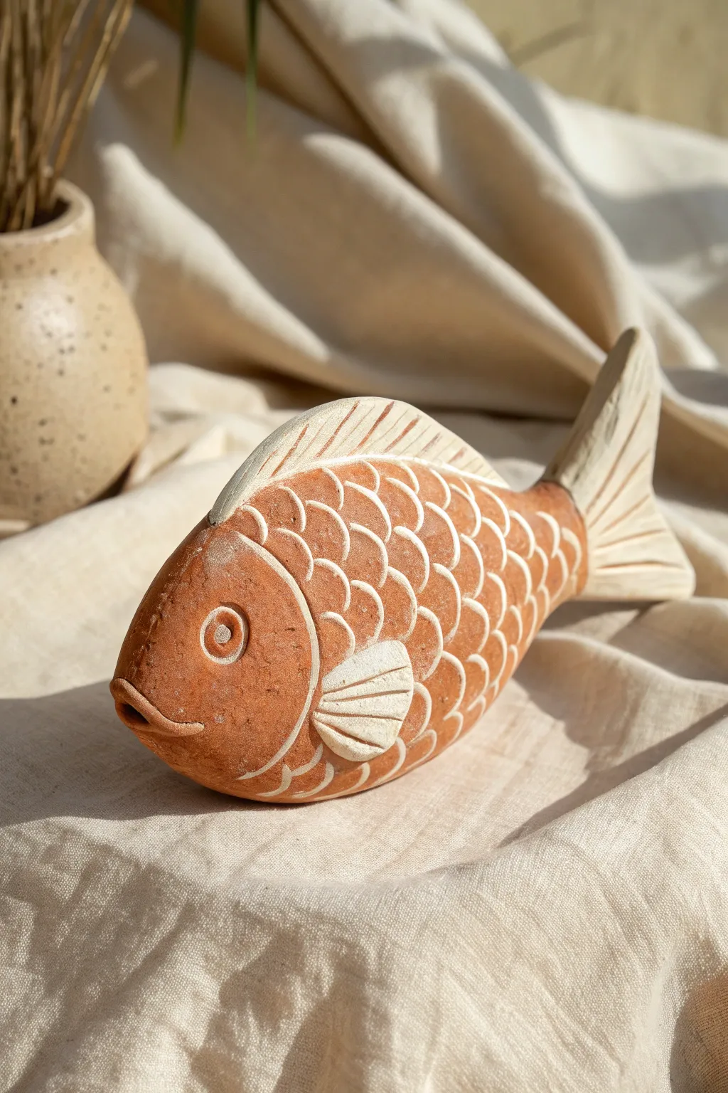 Textured clay fish in contrasting ivory and terracotta, a simple sculptural statement piece.