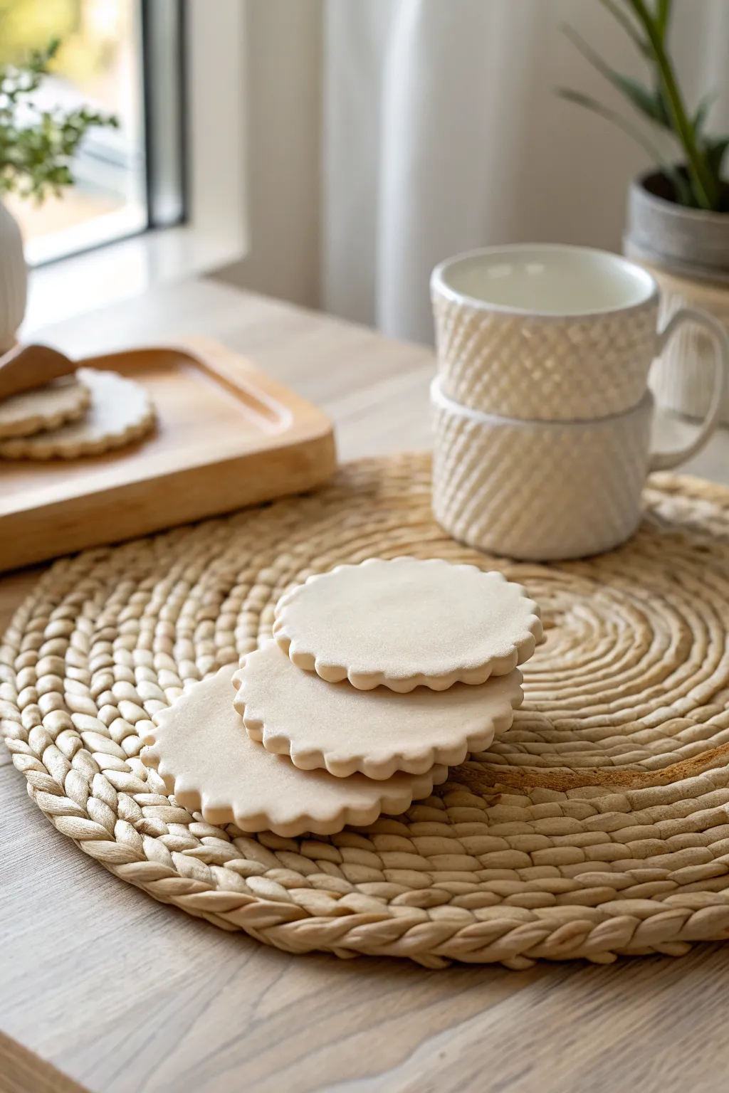 Scalloped-edge clay coasters in a soft matte finish, styled simply on a woven rattan mat.