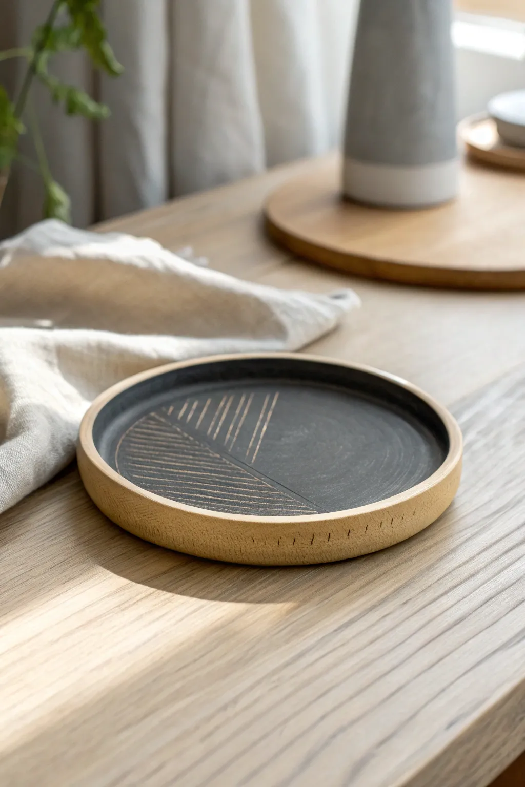 Two-tone sgraffito coaster with clean carved lines, minimal contrast design for cozy tables