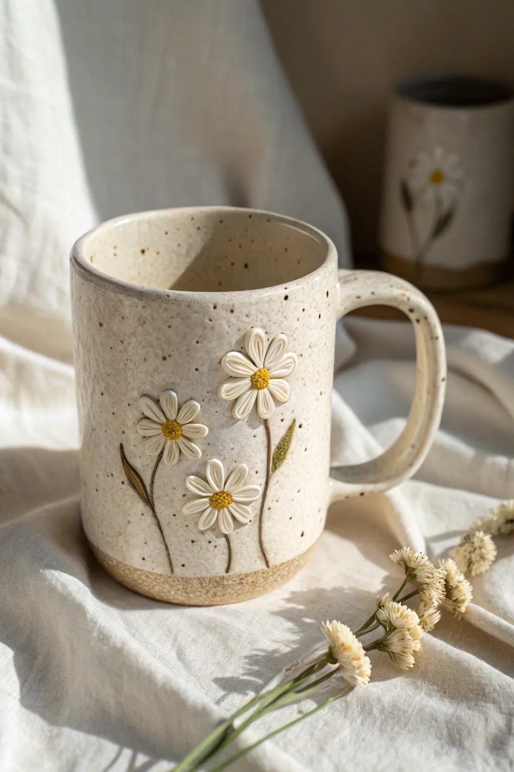 Minimal stoneware mug with raised daisy appliqué, softly lit to showcase delicate petals.