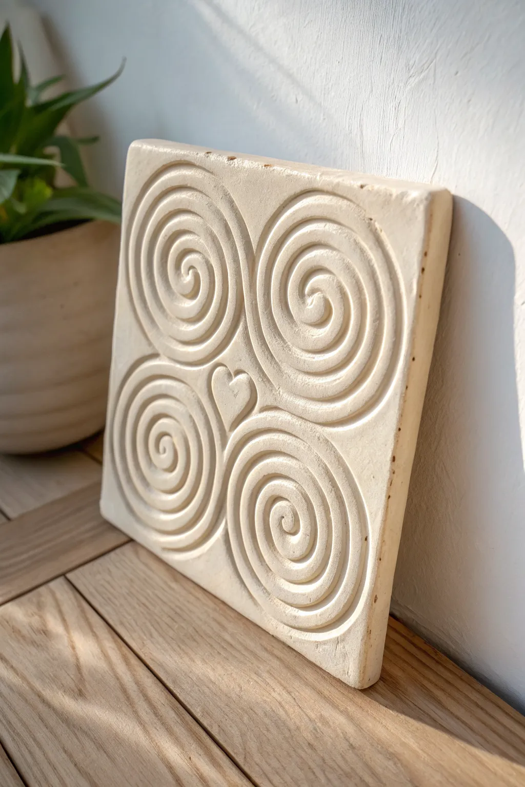 Minimal coil wall tile relief with soft shadows and a bold textured swirl design
