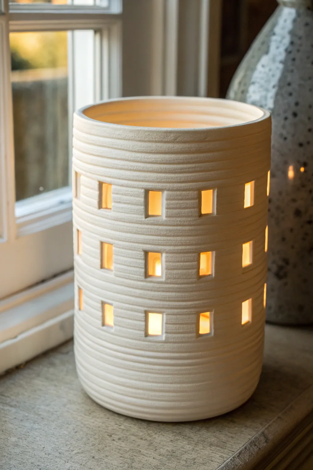 Minimal coil lantern vessel with crisp cutout windows and a soft warm glow