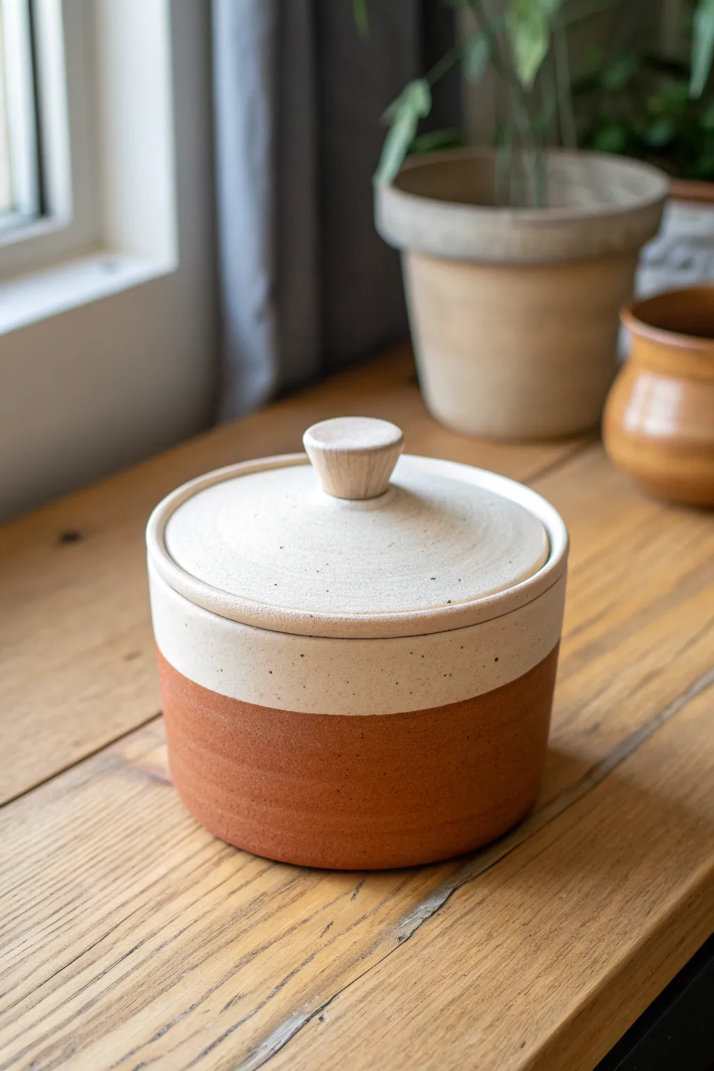 Clean two-tone lidded clay jar with a simple geometric knob for modern minimalist style.