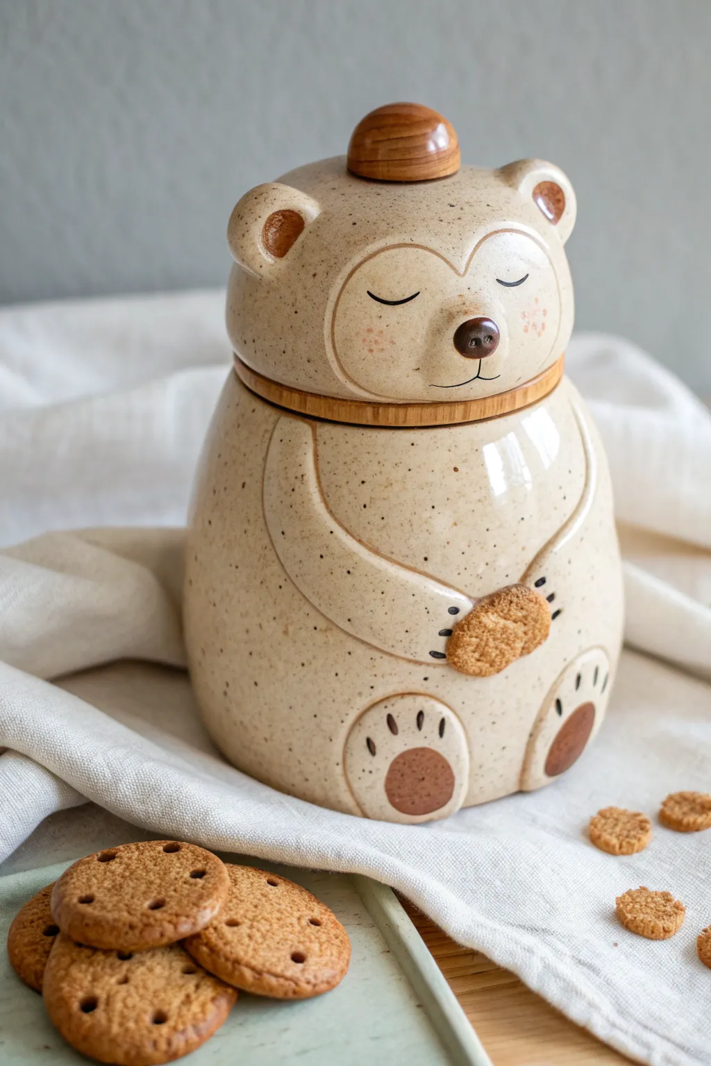 Sleepy bear cookie jar with a biscuit lid, cozy minimalist clay charm for your kitchen shelf.