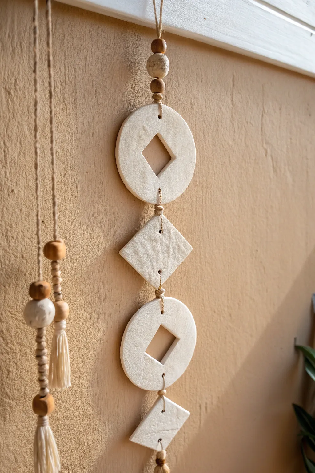 Minimal clay wall hanging with cutouts and beads, softly lit against a neutral wall