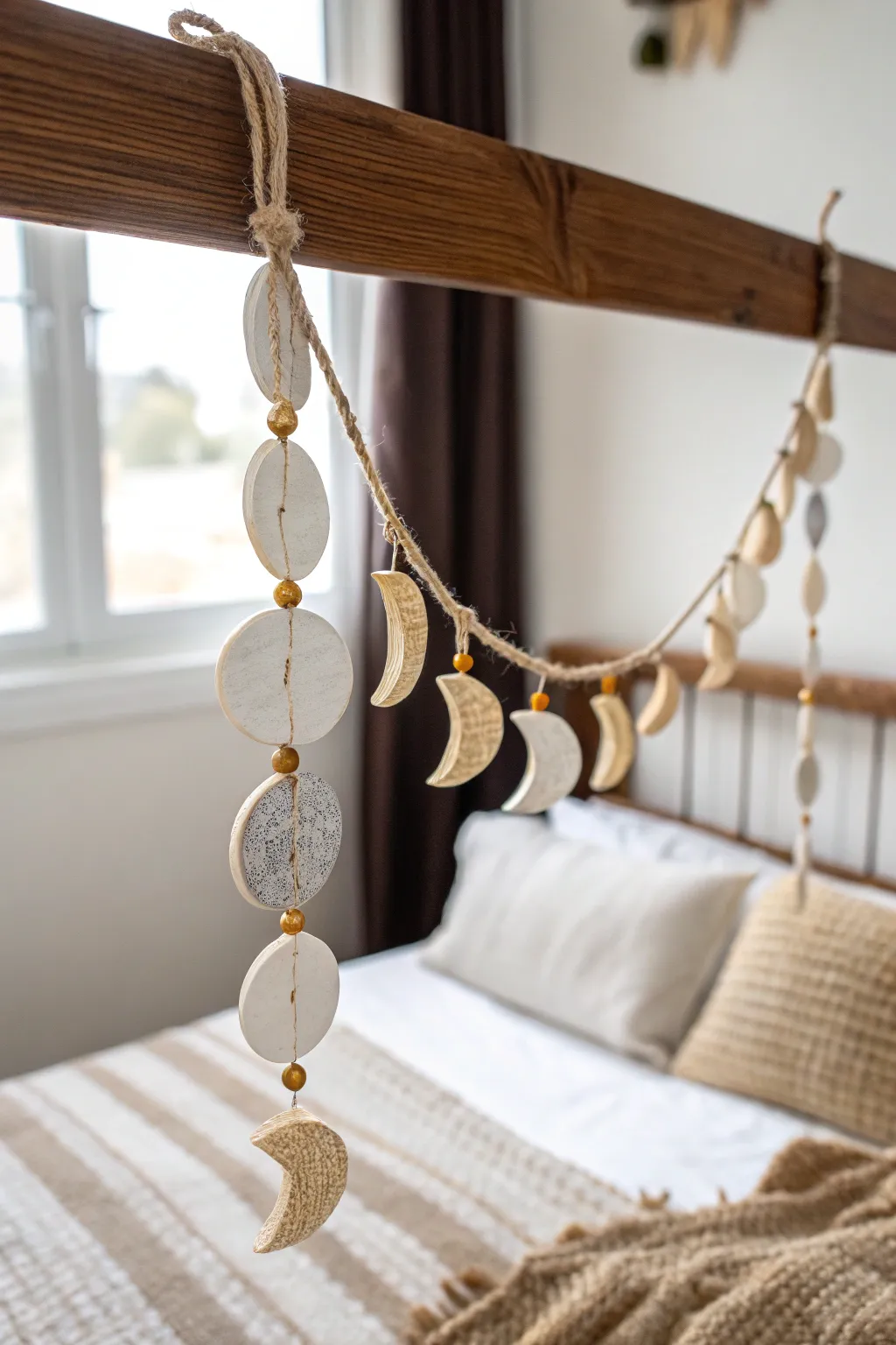 Moon-phase clay garland in matte neutrals with subtle gold accents, styled in a cozy minimalist nook.