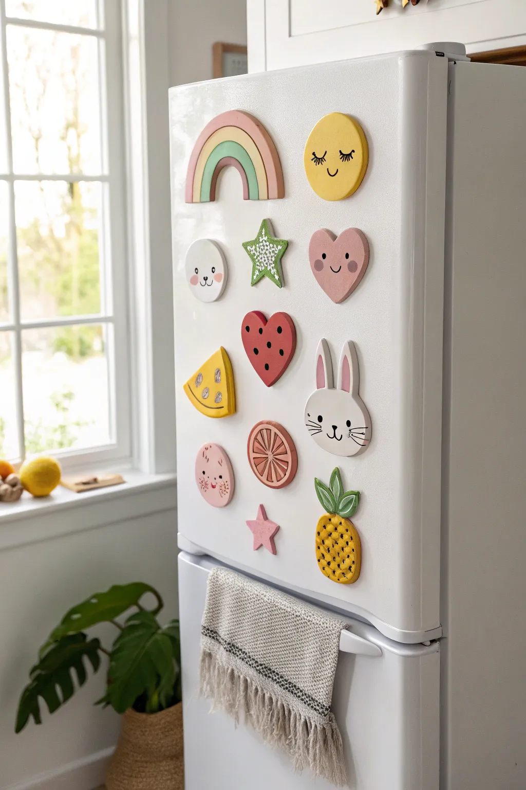 Sweet flat clay fridge magnets for kids, glossy and colorful on a clean white fridge.
