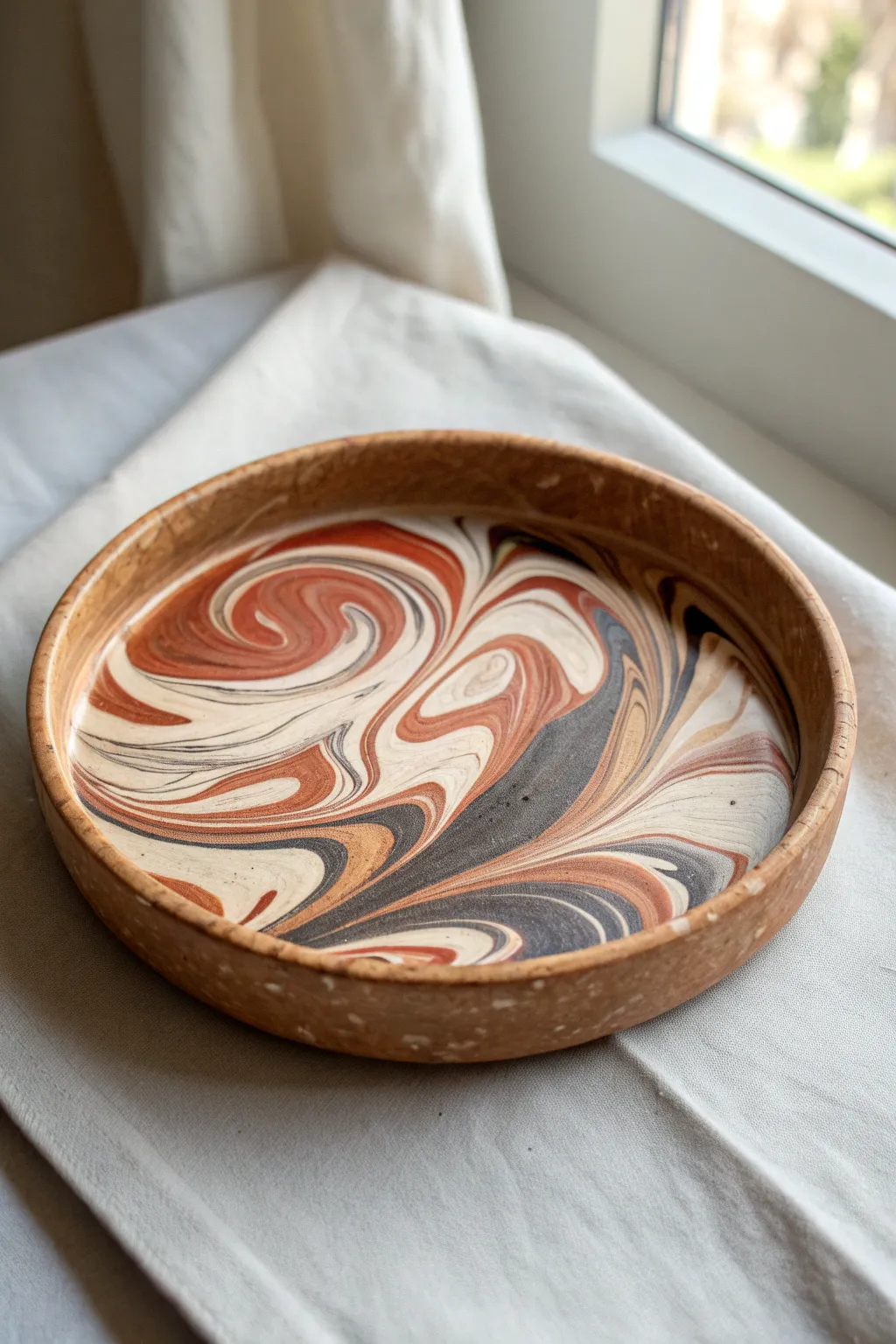 High-contrast marbled swirl clay tray, photographed from above for a satisfying minimalist look