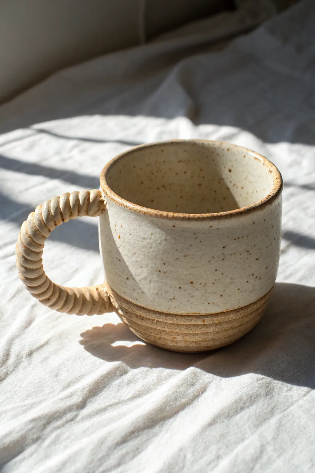 Oversized twisted coil handle cup in soft matte glaze, simple and sculptural with cozy texture.