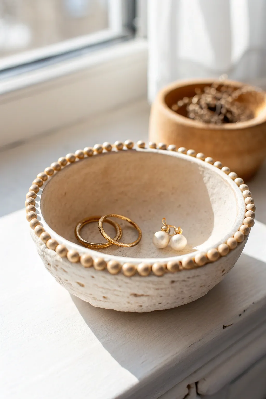 Beginner-friendly beaded-edge clay trinket bowl, a minimalist catchall with a soft boho touch.