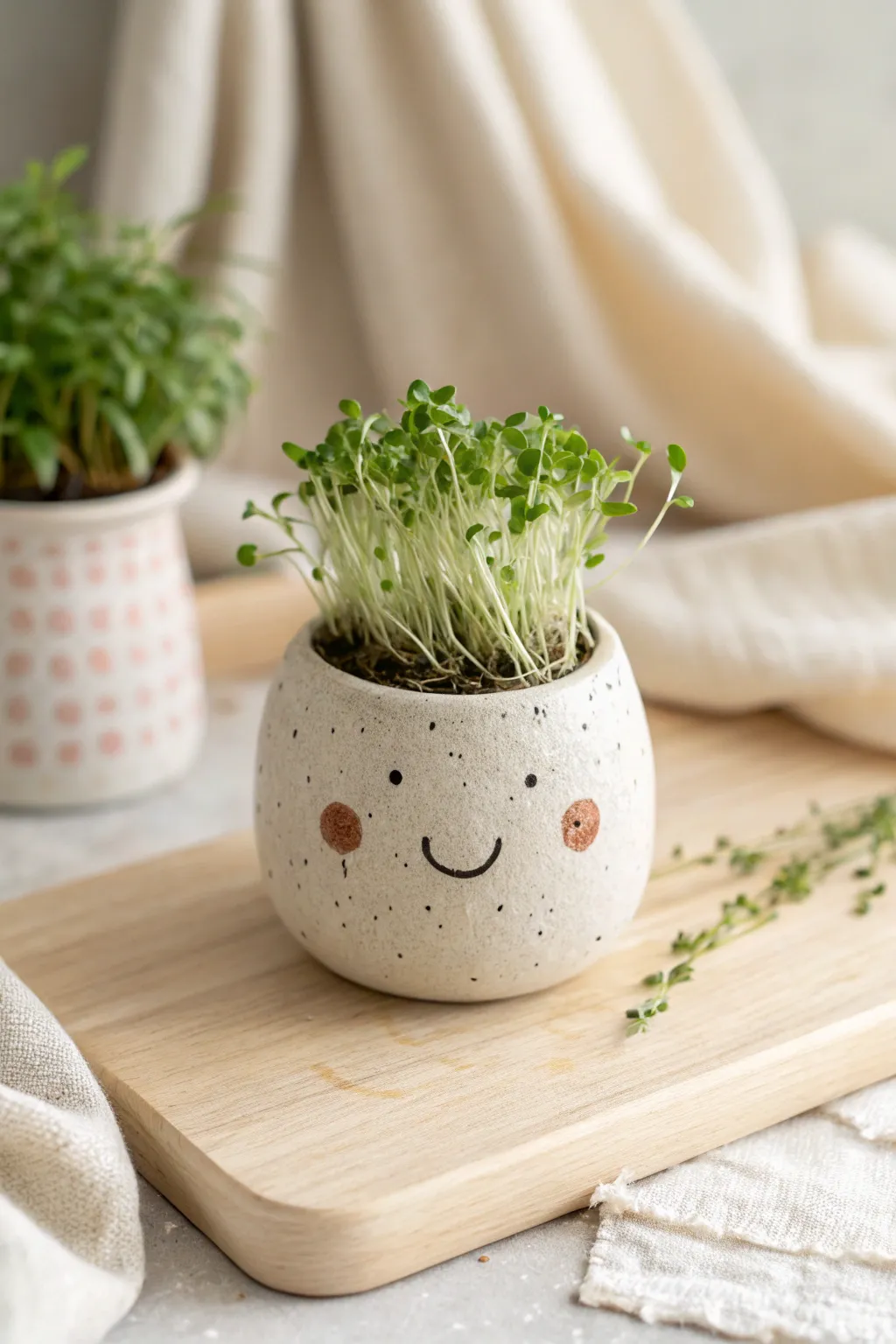 Sweet mini face planter with leafy hair, a simple kid friendly clay project for tiny spaces.