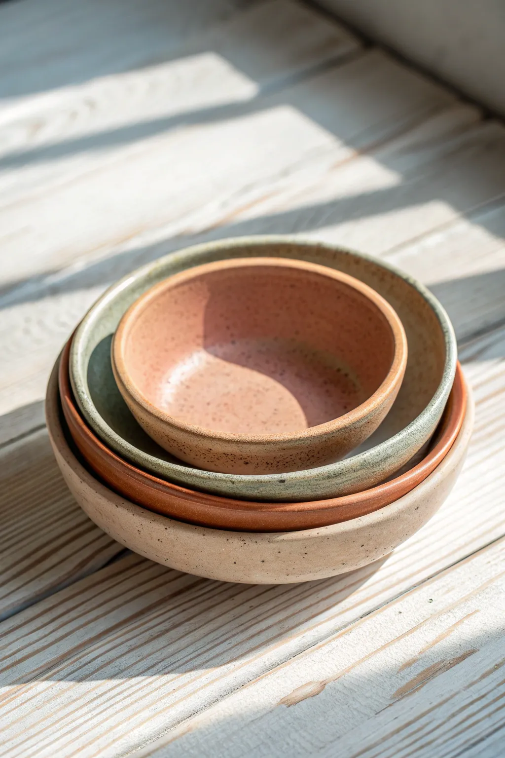 Nesting mini clay dishes in soft earthy tones, fanned stack for a calm Scandinavian boho vibe