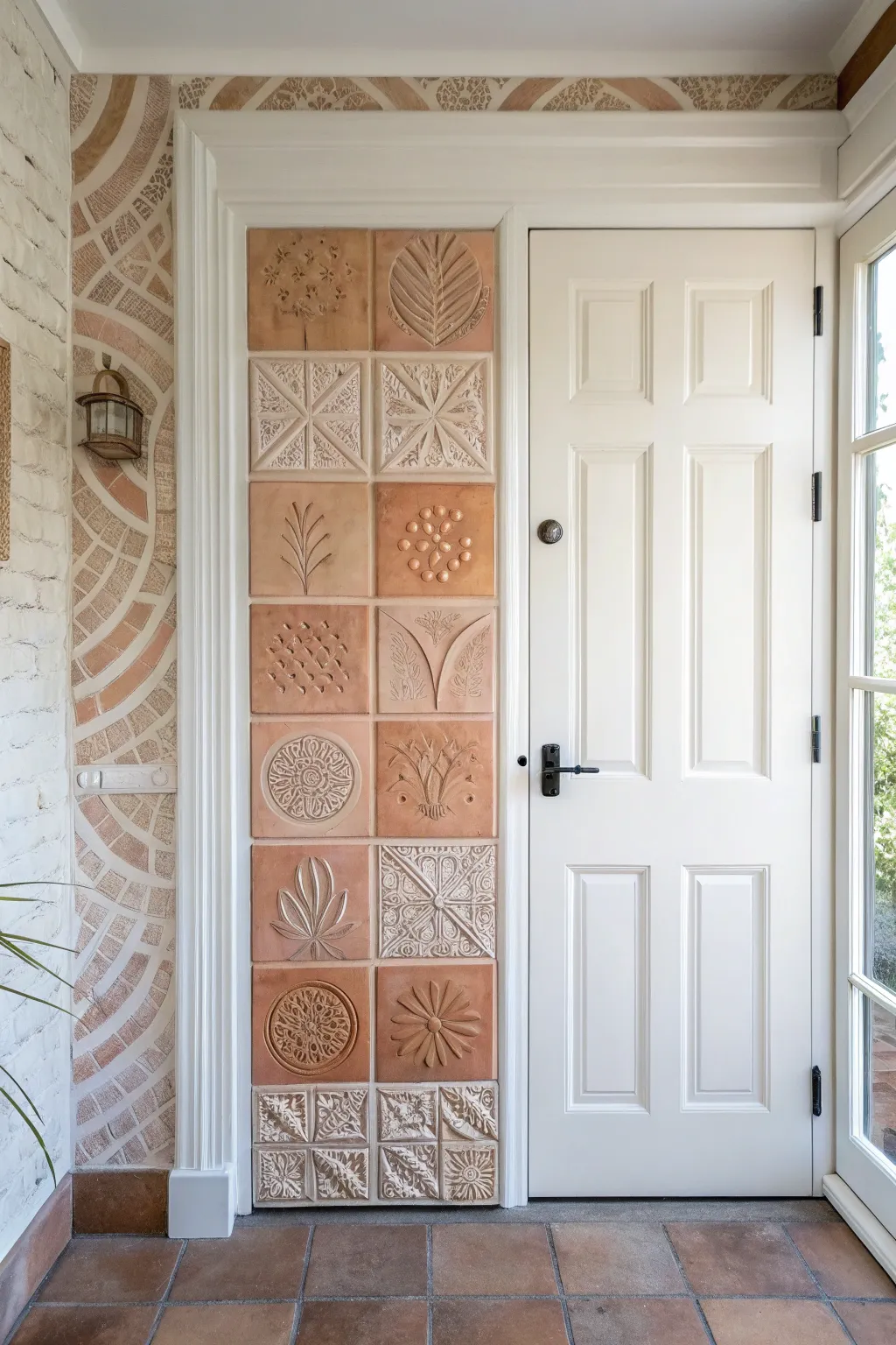 Patchwork stamped clay-tile door in calm boho neutrals, minimal craft with soft contrast