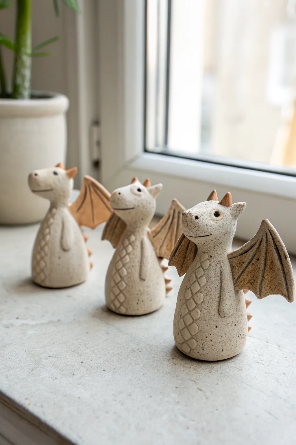 Wing style sampler: three easy clay dragons comparing triangle, bat style, and folded wings.