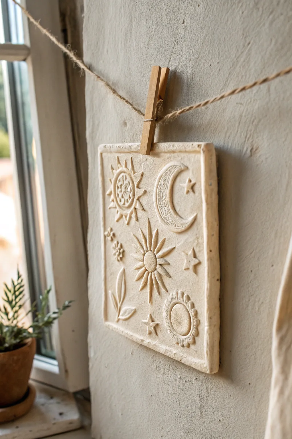 Minimal clay relief wall tile with sun and moon details, softly lit for cozy Nordic-boho charm.