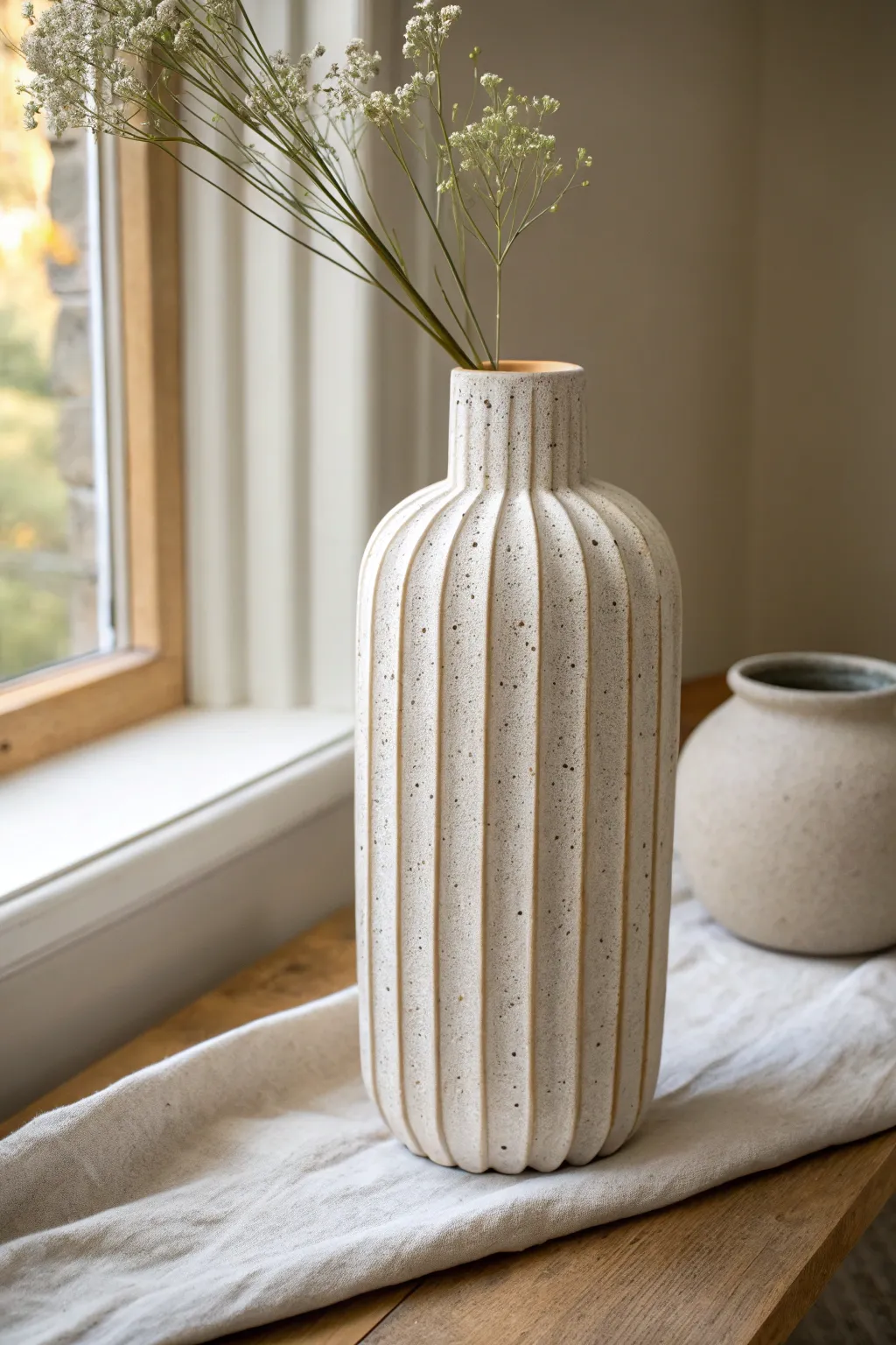Modern vase made from hollow clay tubes, clean lines and soft speckled matte finish