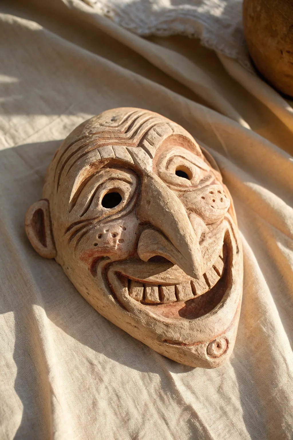 Grotesque clay monster mask with bold texture and playful expression, shot in warm minimal style