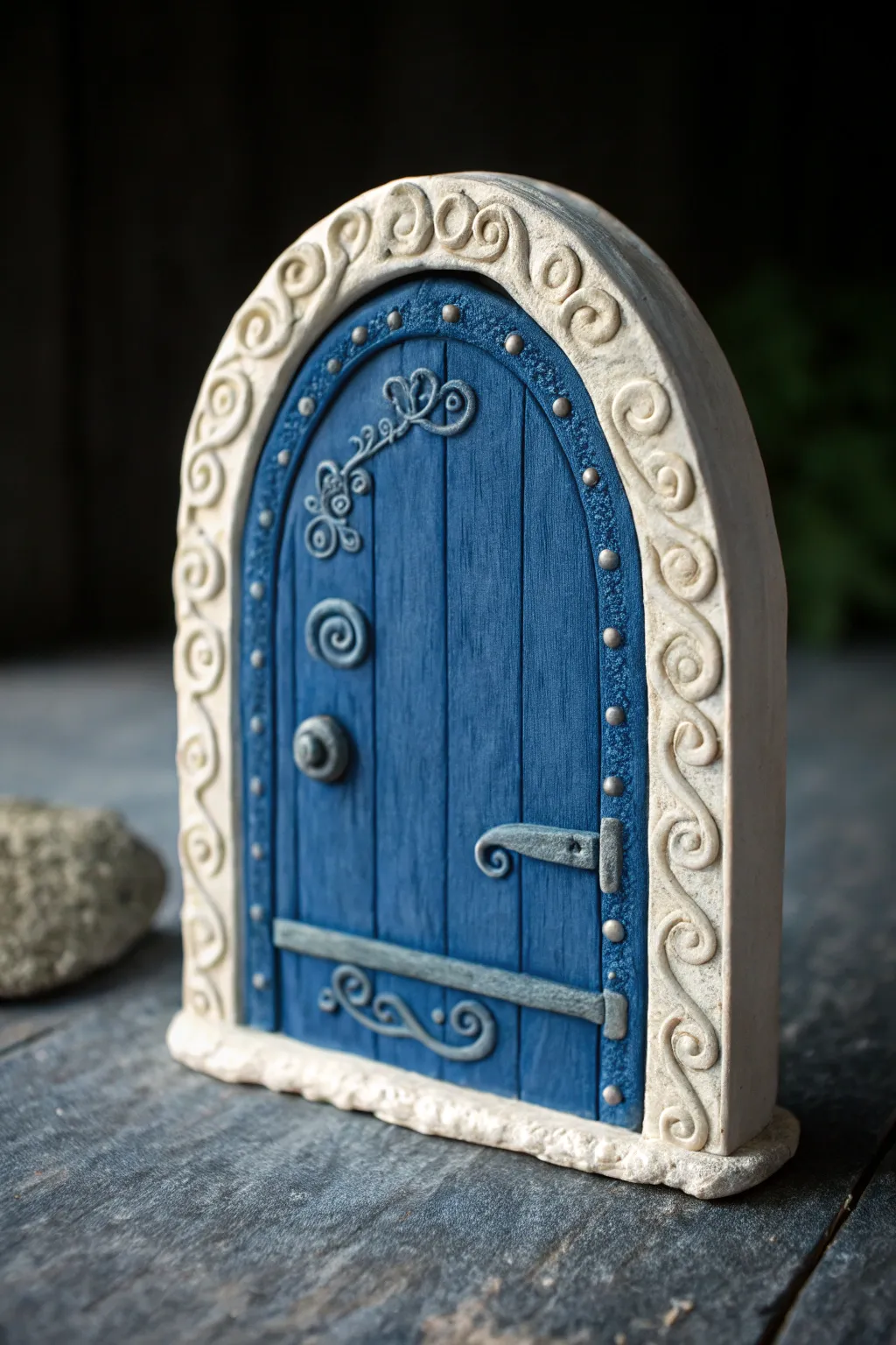 Night-sky blue clay fairy door with dry-brushed swirls for a magical, moody finish