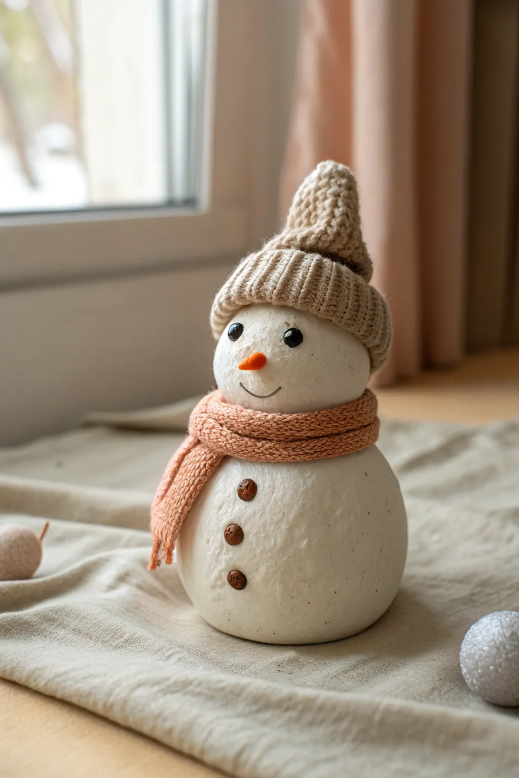 Minimal snowman clay buddy with knit hat and tiny scarf, a cozy winter figure idea to copy