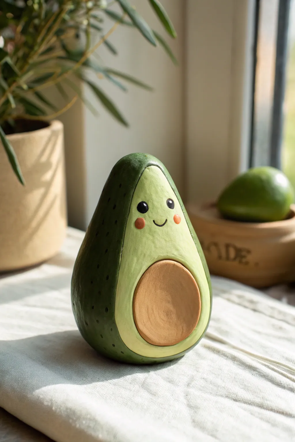Cute clay avocado character with a pit belly, simple shapes and sweet dot eyes for easy crafting