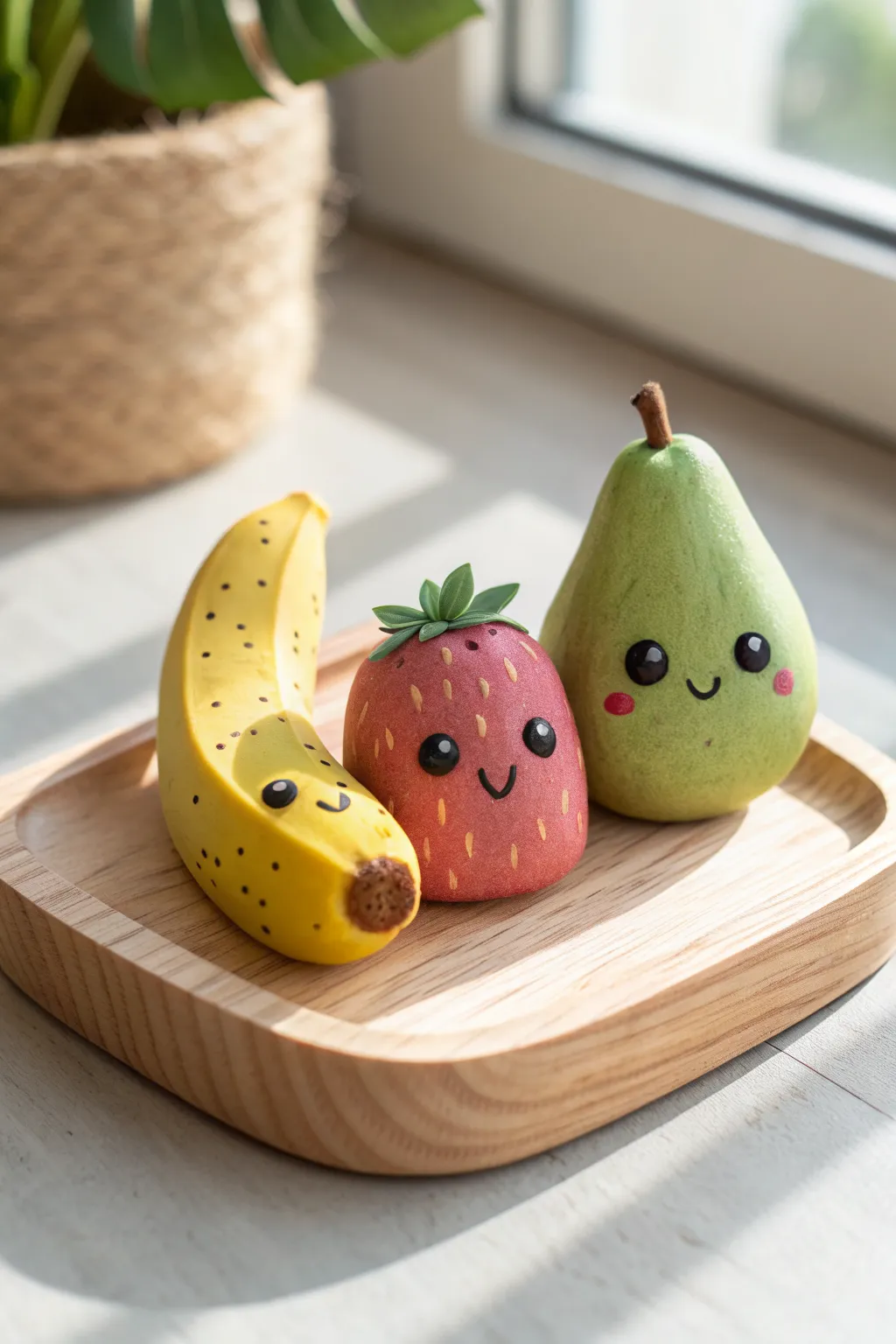 Cute clay fruit family banana, strawberry and avocado with sweet faces in minimalist Nordic style