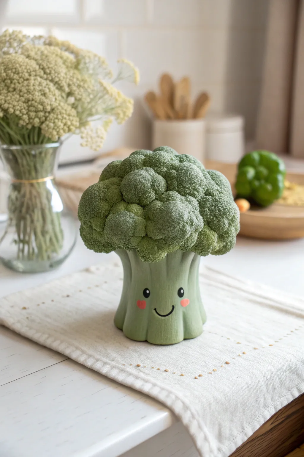A cheerful broccoli buddy figurine with puffy florets, perfect for a minimalist desk companion.