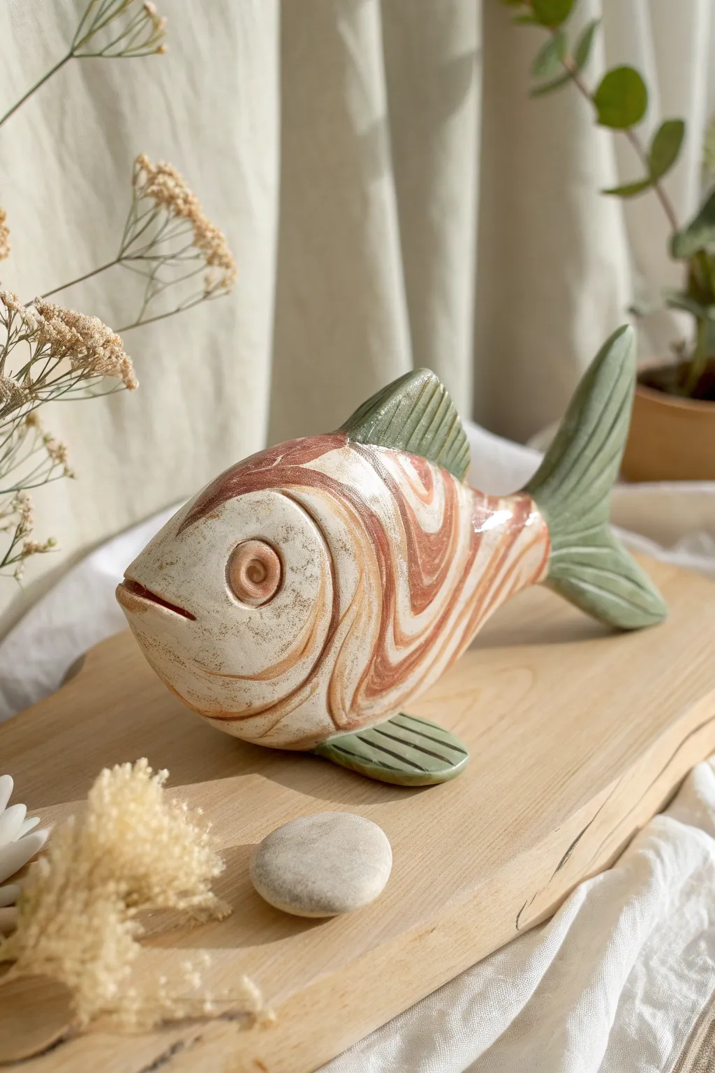 Marbled two-tone clay fish with solid fins, a minimalist boho accent in soft daylight