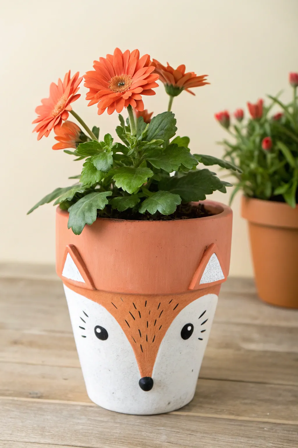 Simple fox animal clay flower pot with easy 3D ears and a bright bloom, minimalist boho style