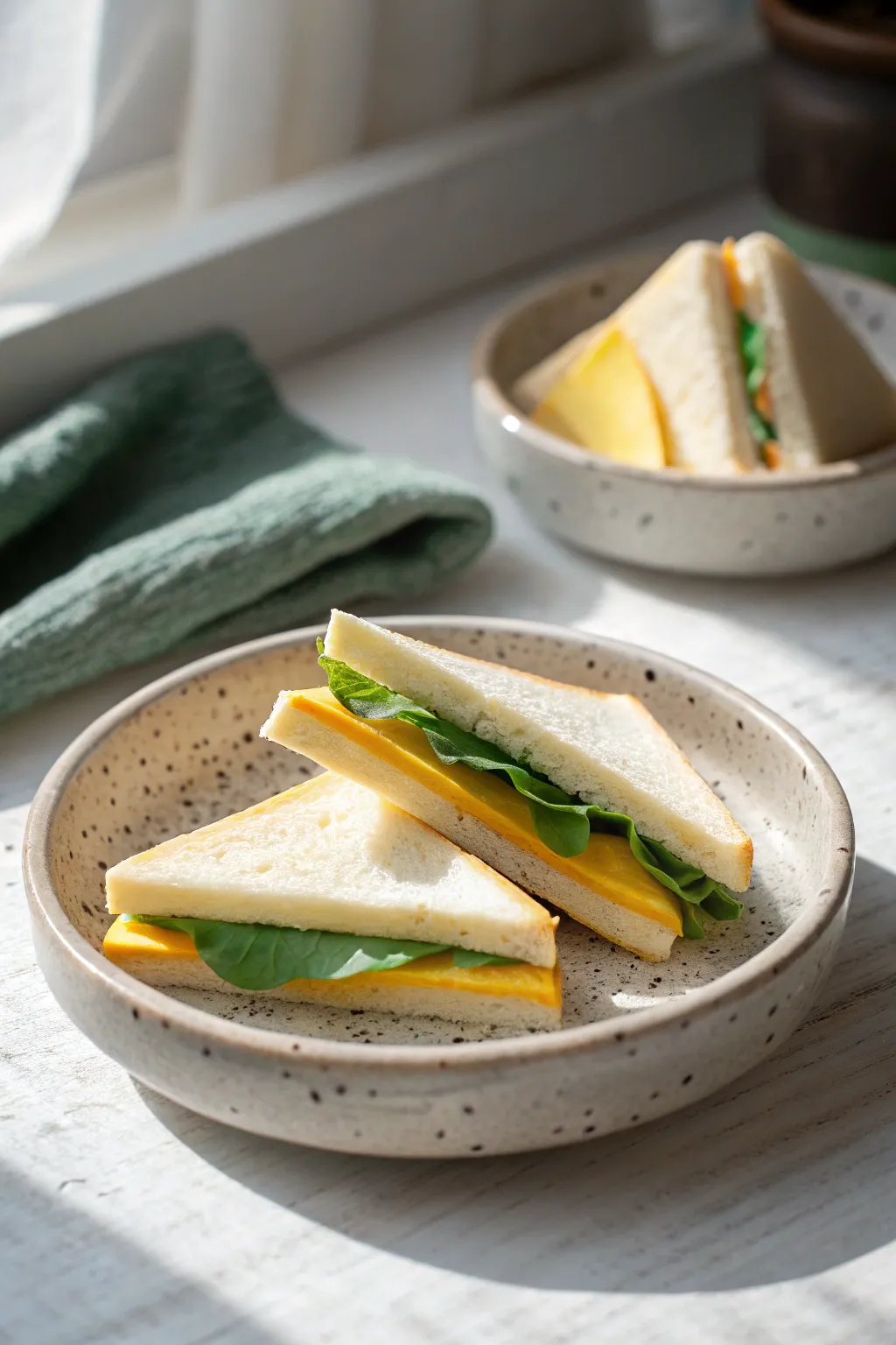 Cute clay sandwich triangles with cheese and lettuce layers, stacked like a tiny lunchbox treat