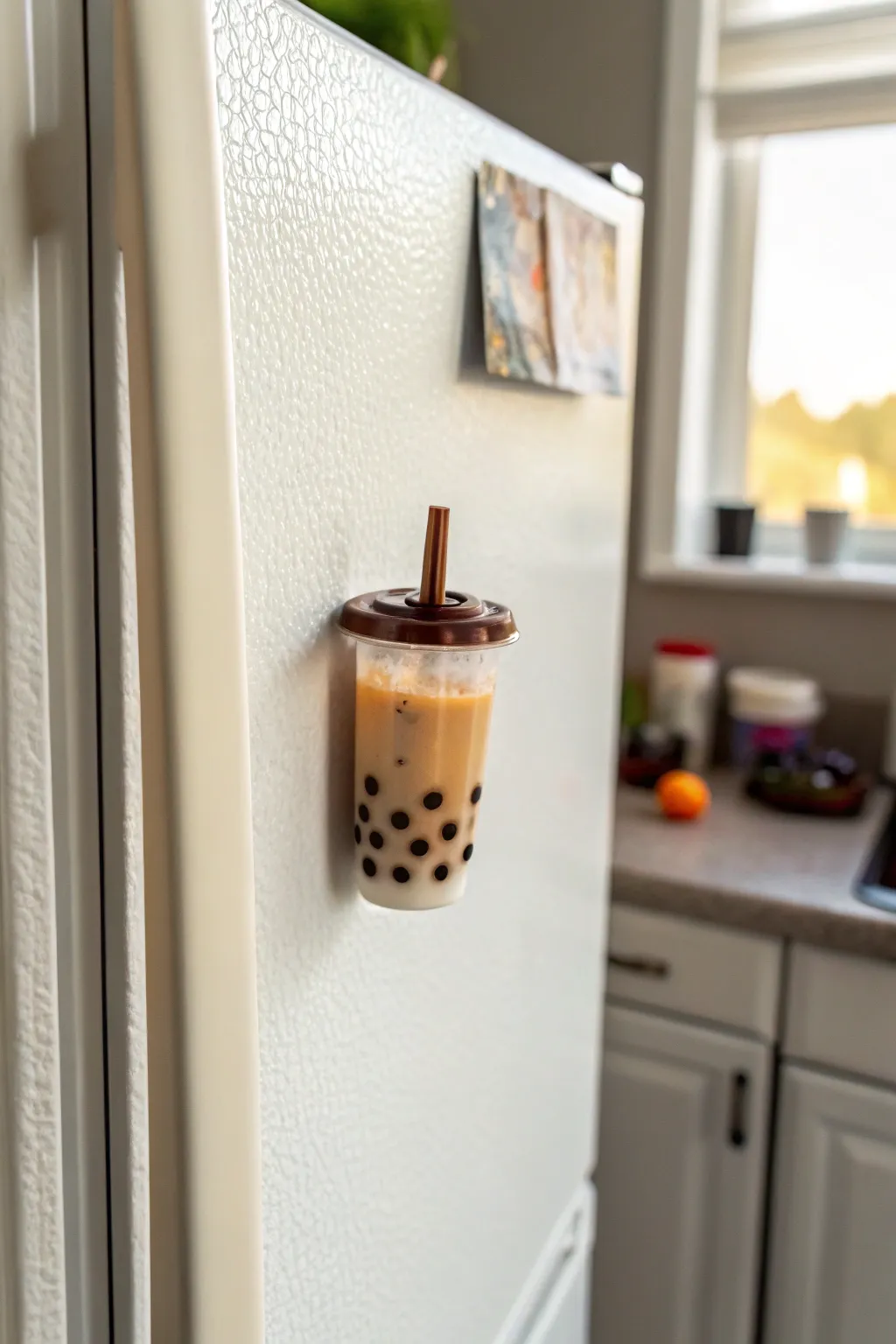 Handmade clay boba cup magnet with layered tea tones and tiny pearls, styled minimal on the fridge