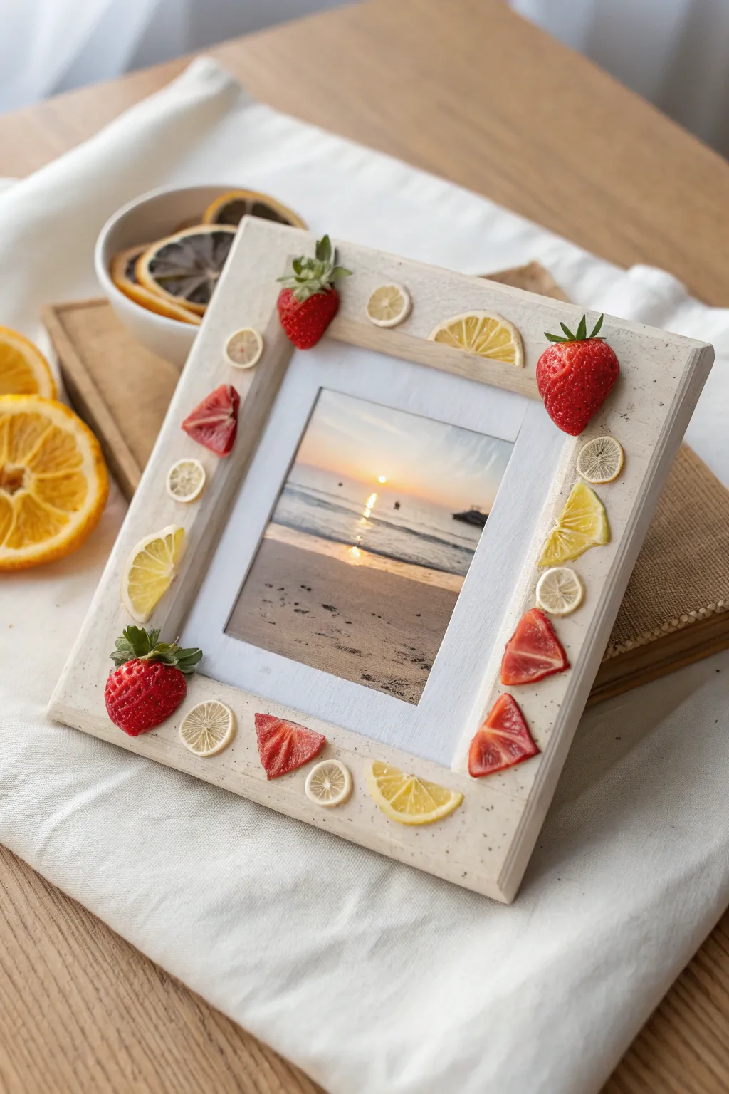 Sunny clay fruit-slice frame idea with a clean Scandinavian shape and bright, cheerful contrast