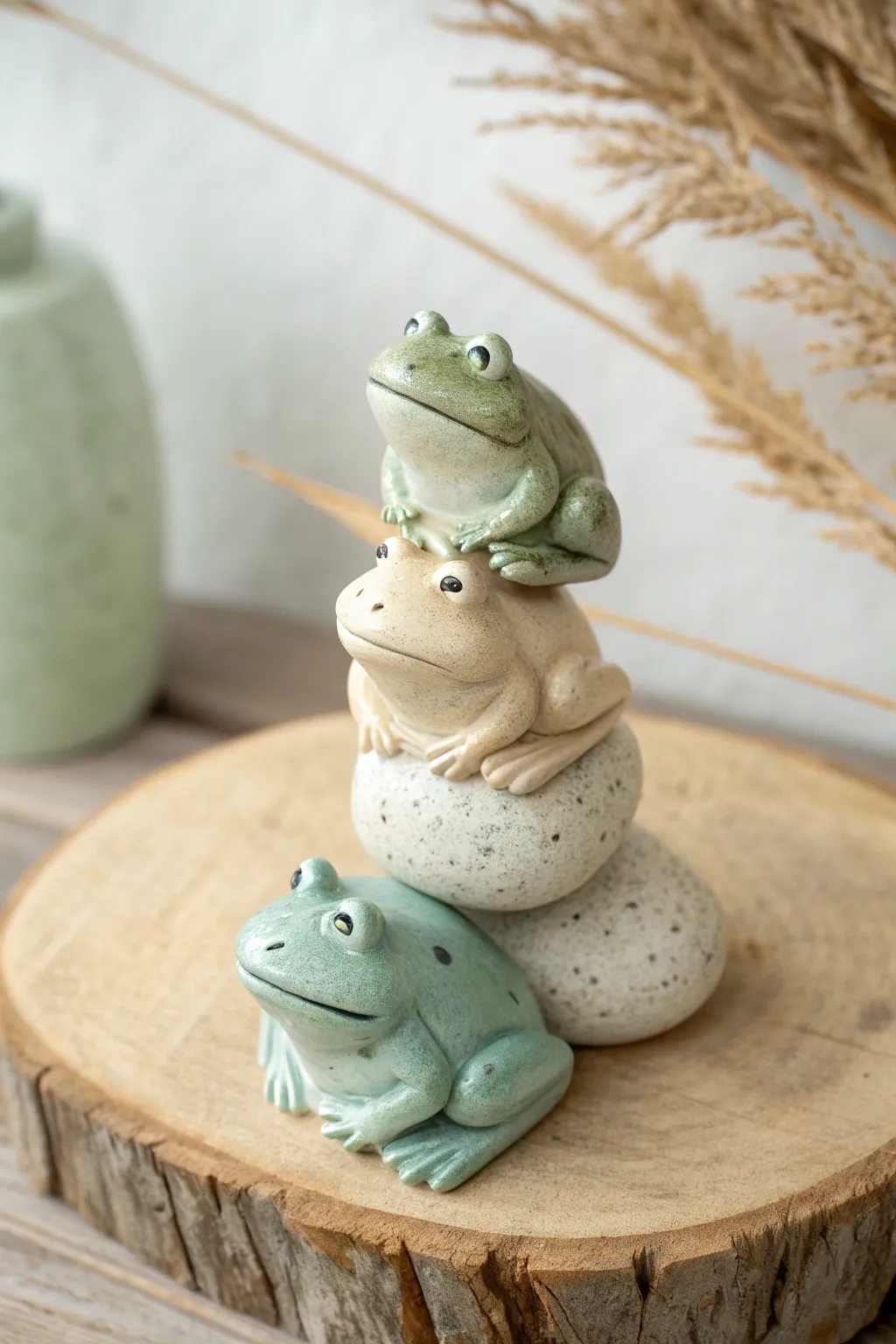 Mini frog stack totem in three poses, a sweet minimalist clay idea for your shelf