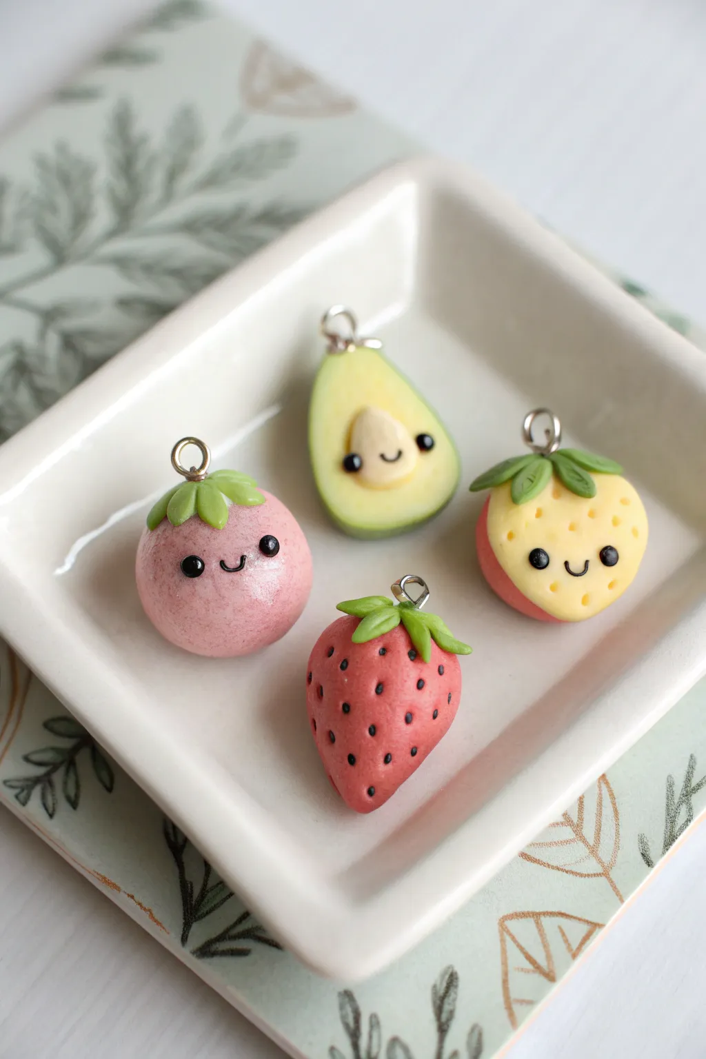 Sweet kawaii fruit clay charms on a minimalist tray, perfect for cute handmade keychains.